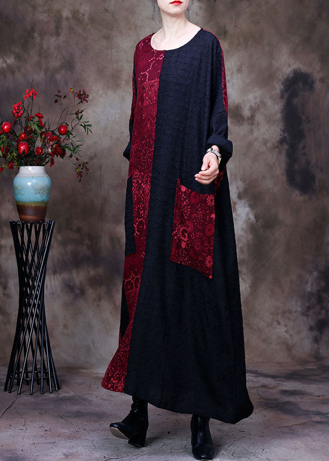 Black Patchwork Red O-neck Pockets Silk Dresses Spring