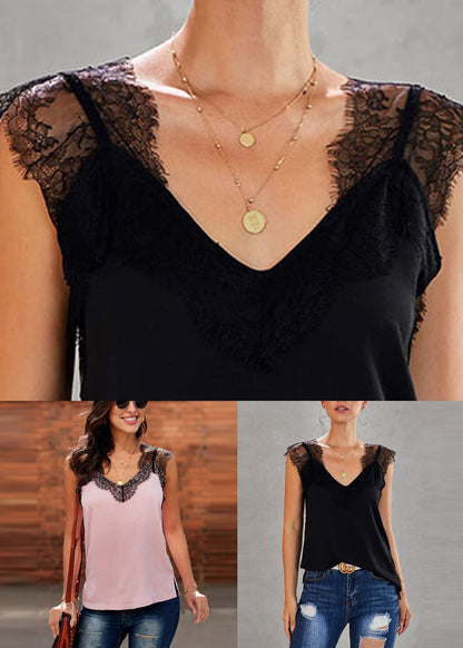 Black Lace Patchwork Vests Summer