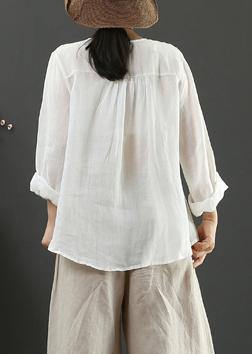 Handmade White Embroidery Shirts V Neck Box Spring Shirts