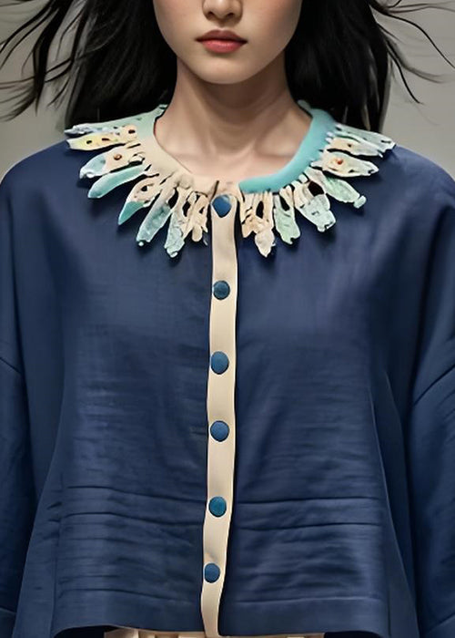 Navy Petal Neck Button Patchwork Cotton Short Coat Bracelet Sleeve
