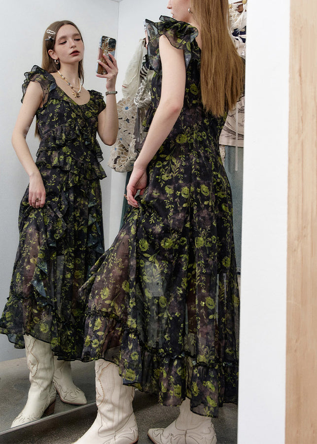 New Green Print Side Open Chiffon Long Dresses Summer