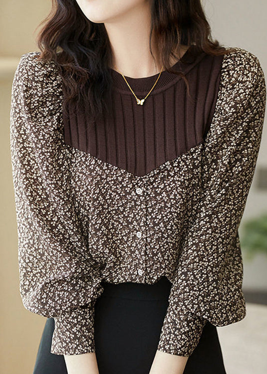 Brown O-neck Print Patchwork Button Knit Shirt Long Sleeve
