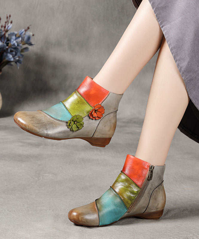 Grey Boots Cowhide Leather Comfortable Splicing