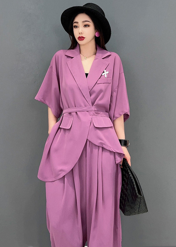 Stylish Purple Notched Collar Tie Waist Low High Design Chiffon Two Pieces Set Summer