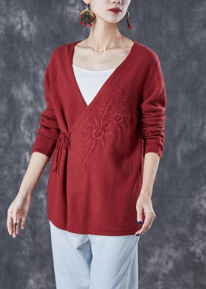 Italian Mulberry Embroideried Tie Waist Wool Knit Cardigan Winter