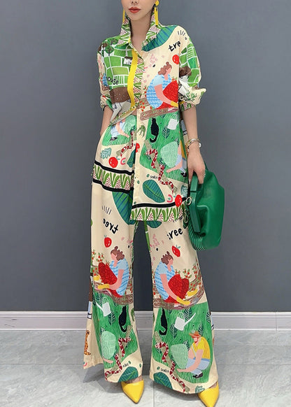 Multicolor Peter Pan Collar Print Shirts and Wide Leg Pants Two Pieces Set Fall