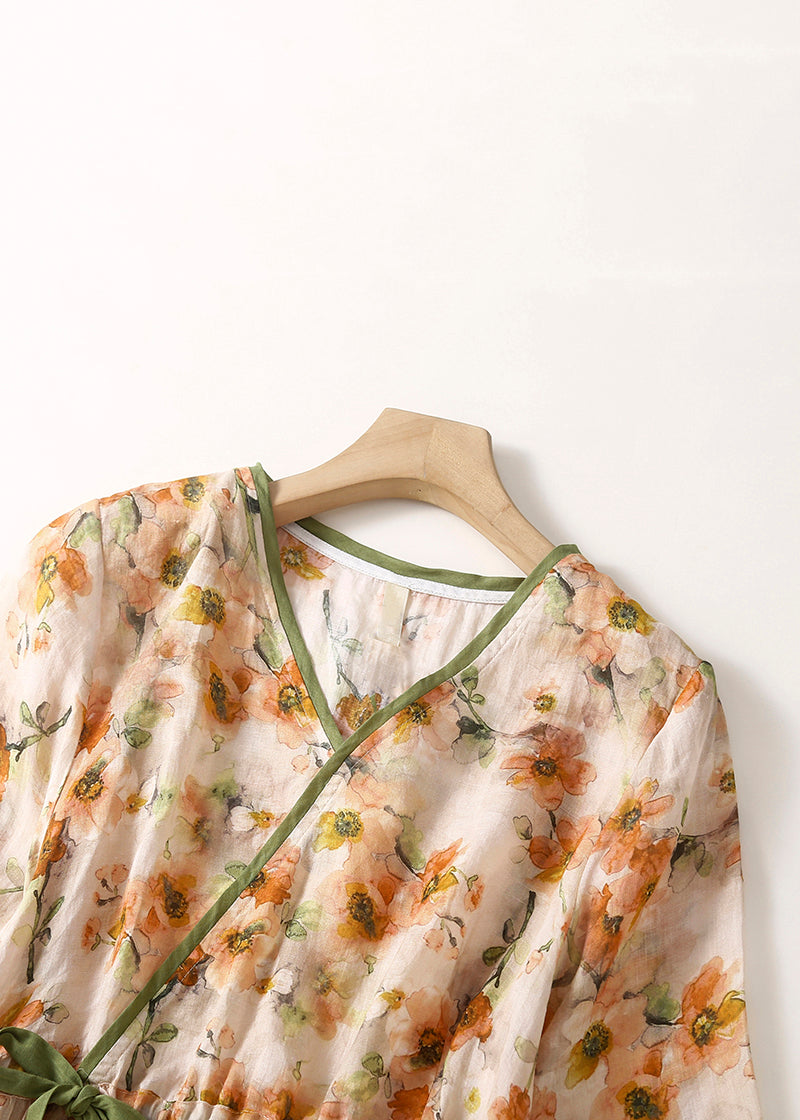 Orange V Neck Lace Up Print Linen Dresses Summer