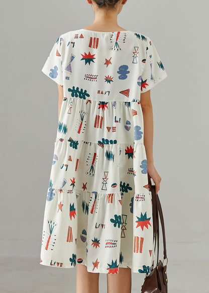 Stylish White O-neck Print Mid Dress Summer