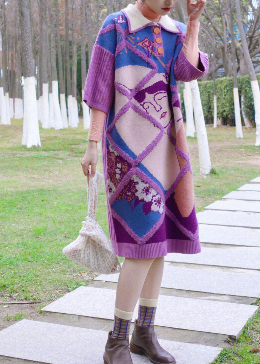 Purple Peter Pan Collar Print Warm Cotton Knit Long Sweaters Dress Fall