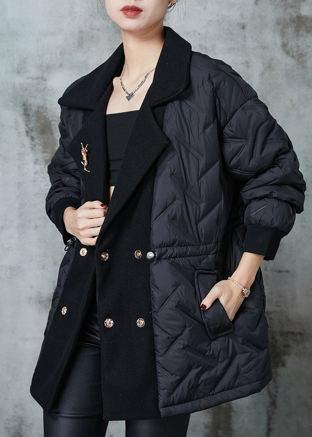 Black Double Breast Patchwork Fine Cotton Filled Jacket Spring