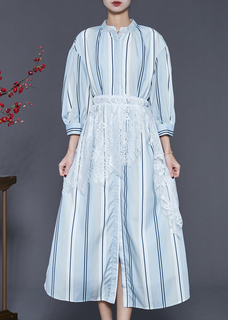 Light Blue Striped Patchwork Lace Cotton Dresses Spring