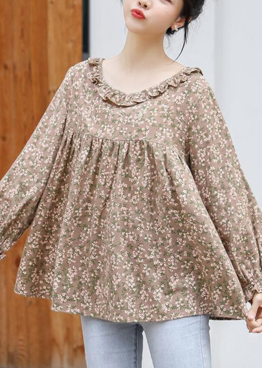 Khaki Ruffled Print Cotton Shirt Tops Long Sleeve Fall