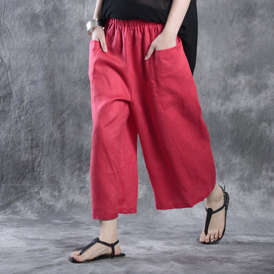 Natural Red Pockets Fall Wide Leg Linen Pants