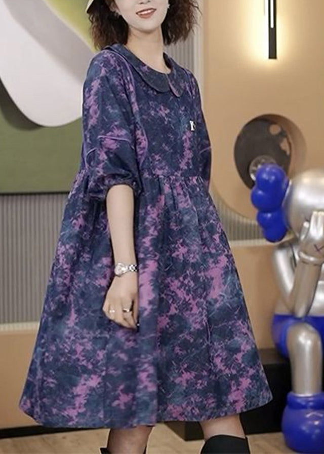 Purple Peter Pan Collar Tie Dye Wrinkled Vacation Long Dresses Half Sleeve