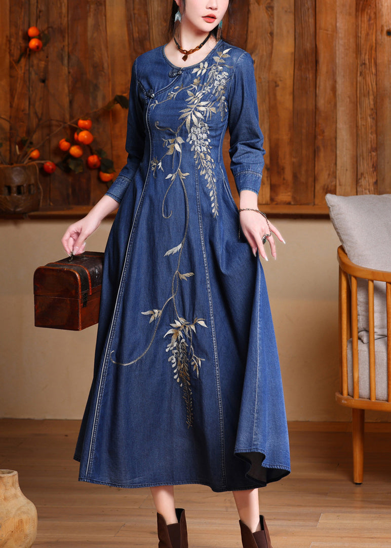 Blue O-neck Embroidered Button Long Denim Dresses Spring