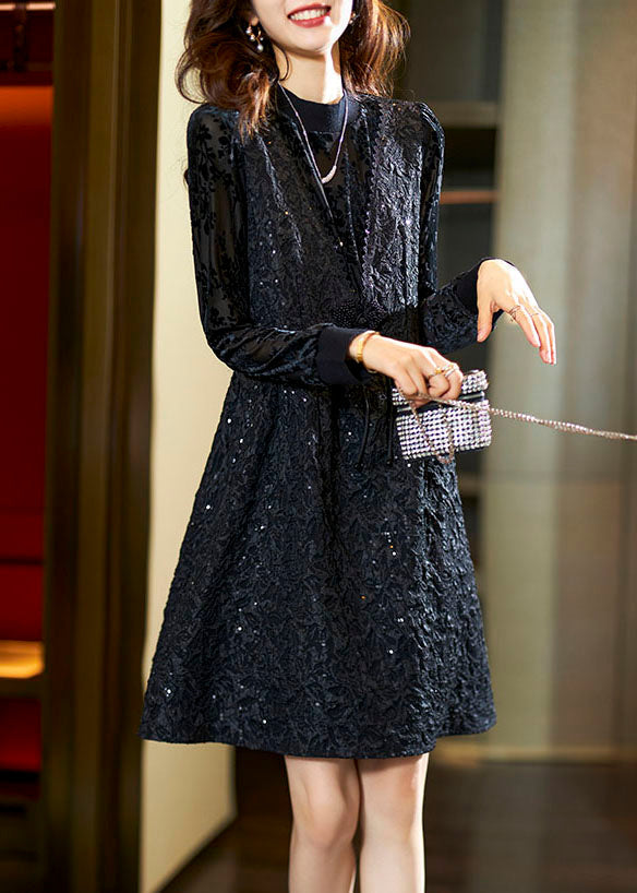 Jacquard Black O-neck Patchwork Nail Bead Fake Two Pieces Mid Dress Fall