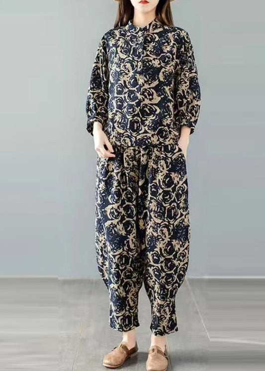 Handmade Blue Print Top and Harem Pants Two Pieces Set Spring