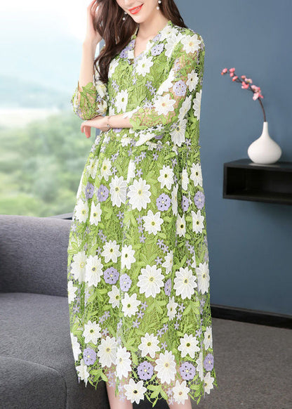 Art Green V Neck Embroideried Lace Dress Half Sleeve