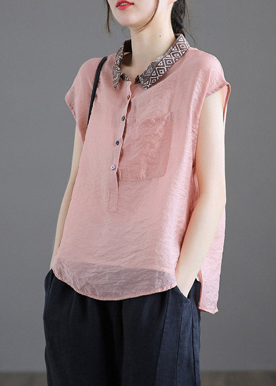 Pink Peter Pan Collar Patchwork Button Linen Short Sleeve
