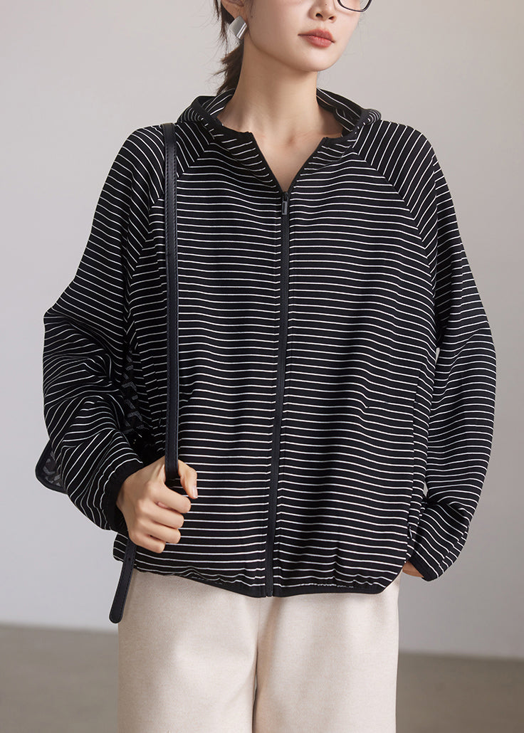 Striped Hooded Zippered Pockets Cotton Coat Spring