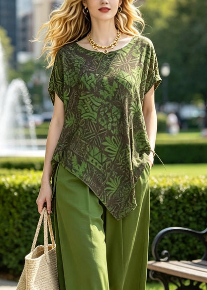 Style Green Asymmetrical Print T Shirts and Wide Leg Pants Silk Two Pieces Set Short Sleeve
