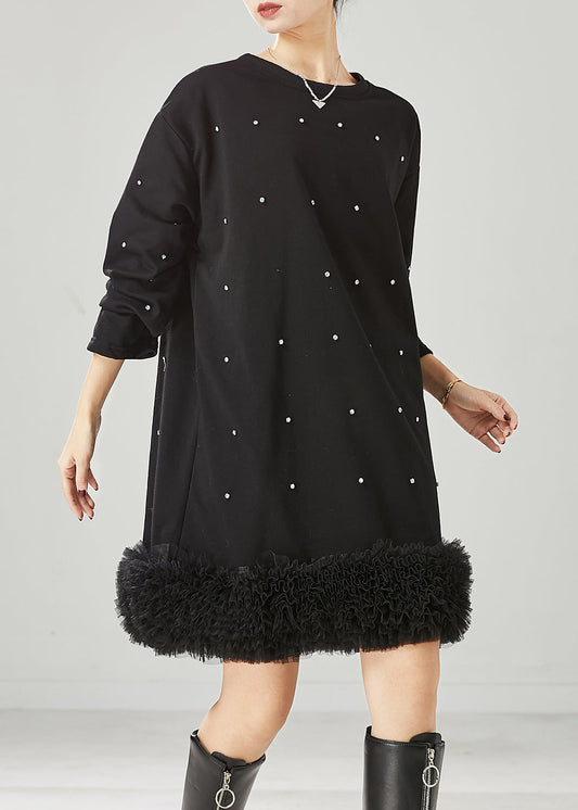 Diy Black Oversized Patchwork Ruffled Cotton Sweatshirt Dress Spring