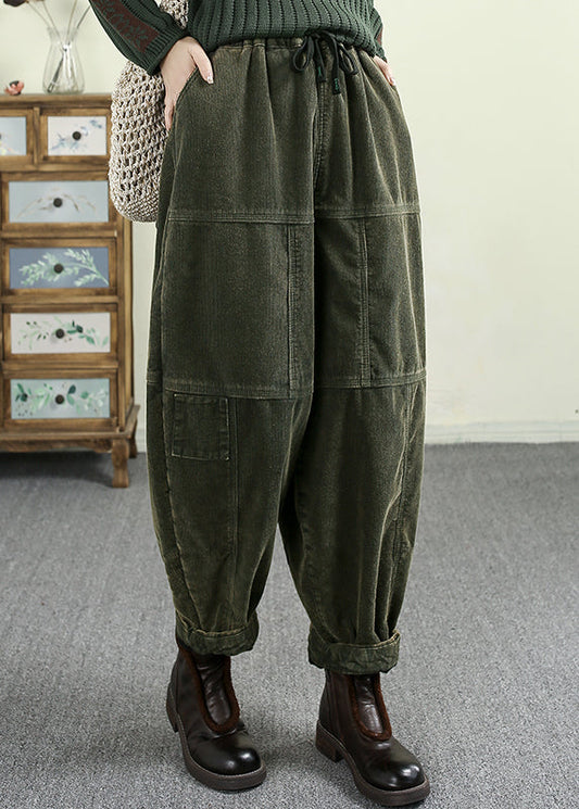 Green Pockets Elastic Waist Corduroy Warm Fleece Pants Spring