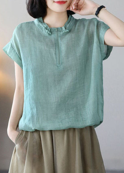 Green Zip Up Drawstring Cotton Sweatshirts Top Short Sleeve