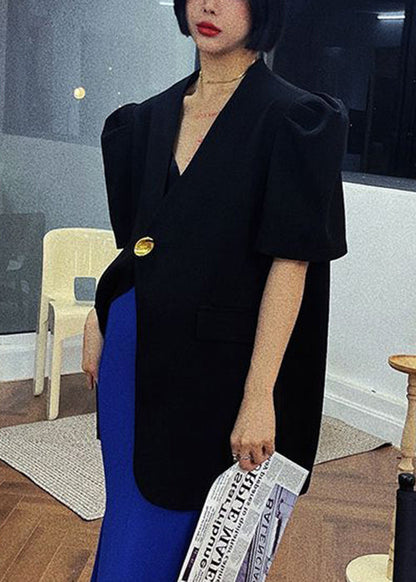 New Blue V Neck Button Spandex Coats Puff Sleeve