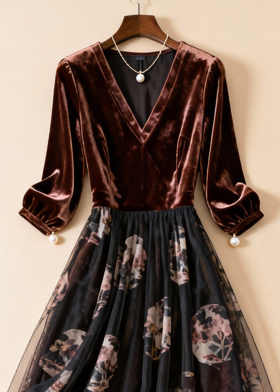 Coffee Print Pearl Tulle Patchwork Silk Velvet Dresses Bracelet Sleeve