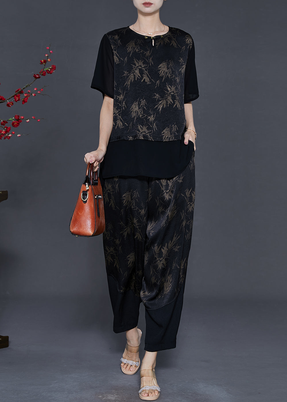Black Patchwork Silk Two Piece Set Clothing Print Summer
