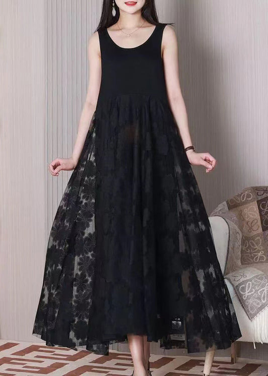 Black O Neck Patchwork Cotton Dresses Sleeveless