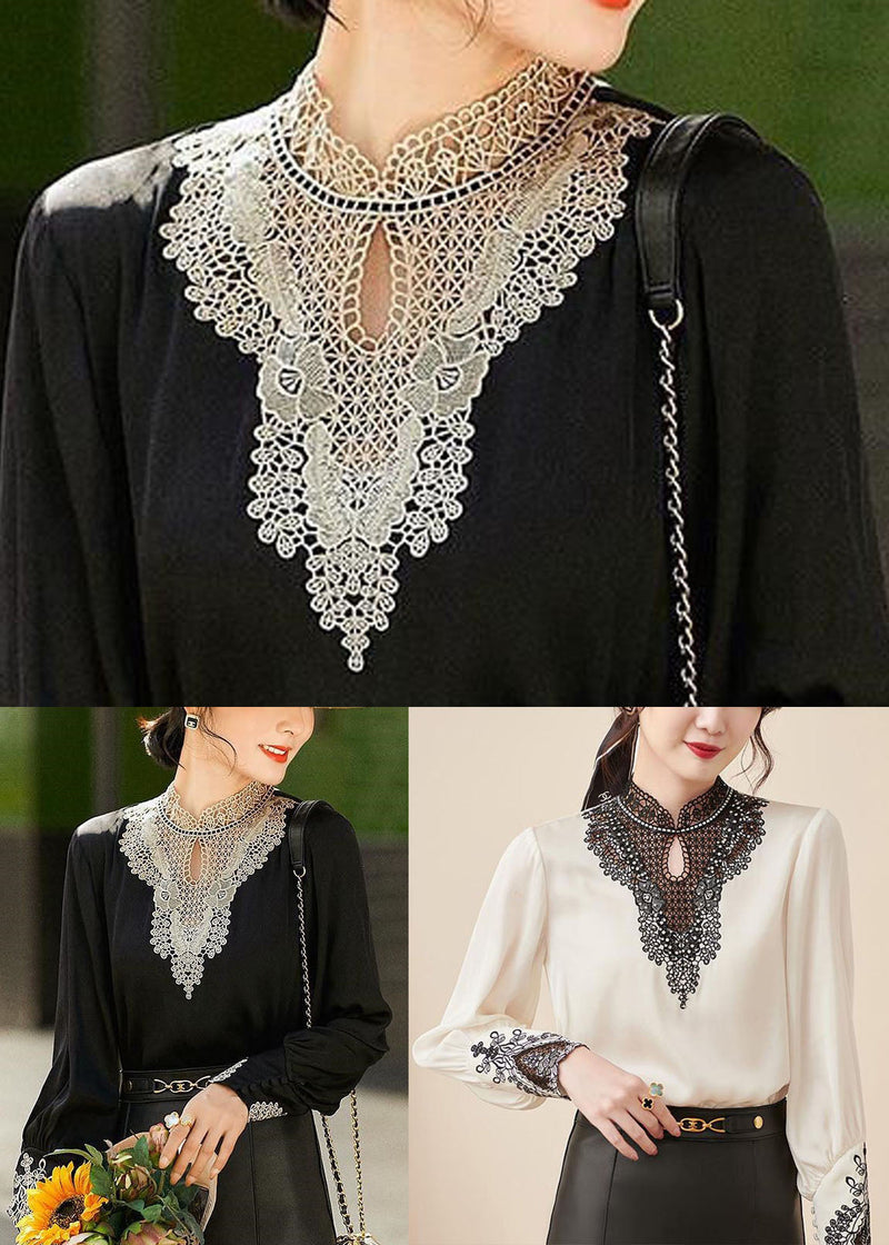 Black Stand Collar Embroideried Hollow Out Chiffon Blouse Tops Long Sleeve