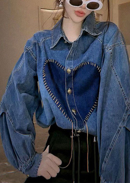 French Blue Peter Pan Collar Button Patchwork Denim Shirts Top Spring