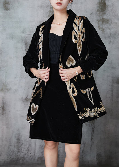French Black Sequins Silk Velour Two Pieces Set Spring