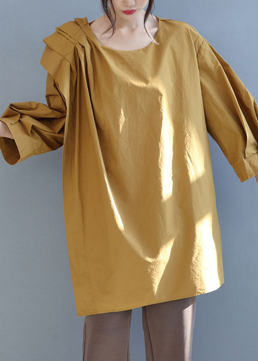 Italian Yellow O-neck Asymmetrical Cotton Top Fall