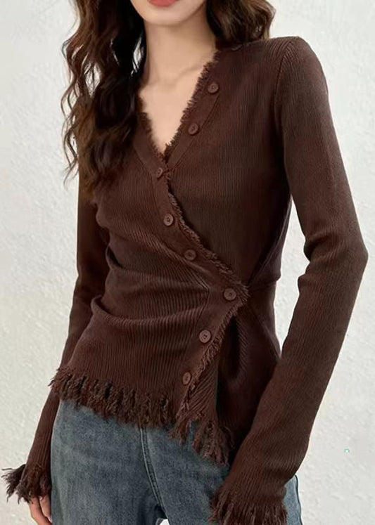 Coffee V Neck Button Cotton Knit Cardigans Spring