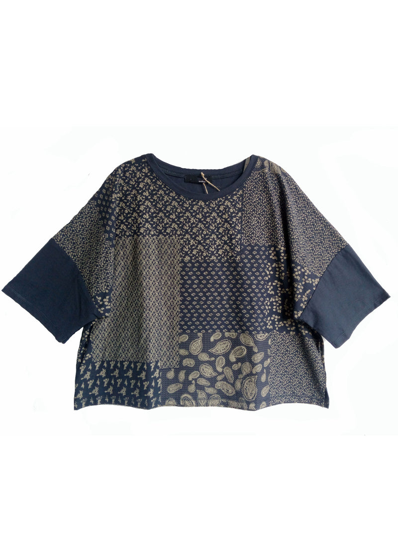 Navy O-neck Patchwork Print Cotton Tanks Half Sleeve