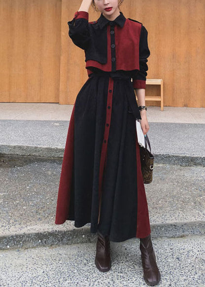 Black Peter Pan Collar Patchwork Velour Sets 2 Pieces Fall