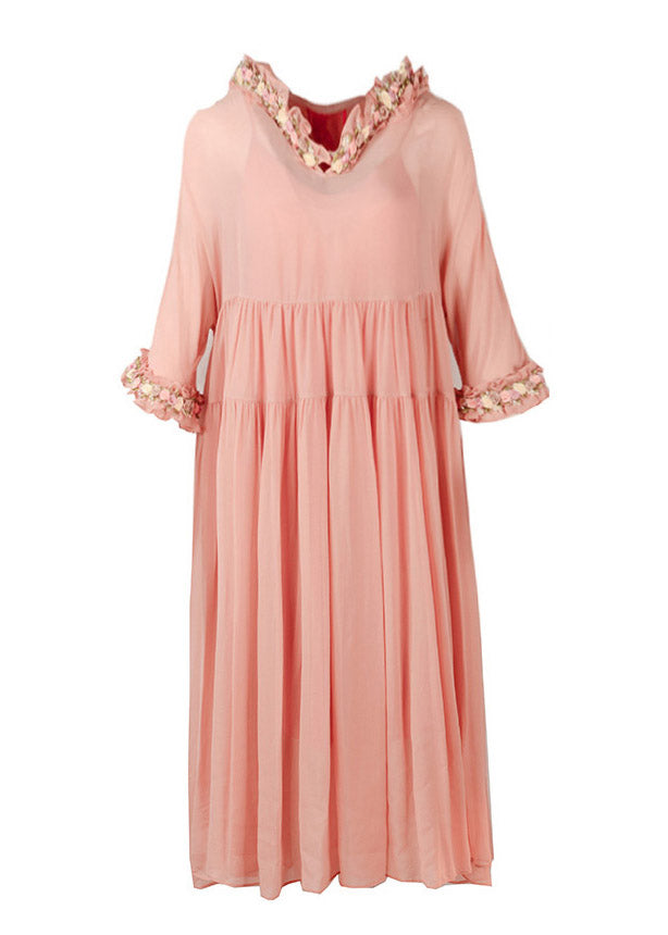 Simple Pink Wrinkled Hoold Silk Maxi Dresses Flare Sleeve