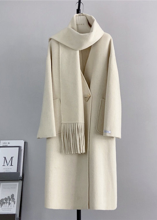 White V Neck Pockets Scarf Woolen Coat Winter