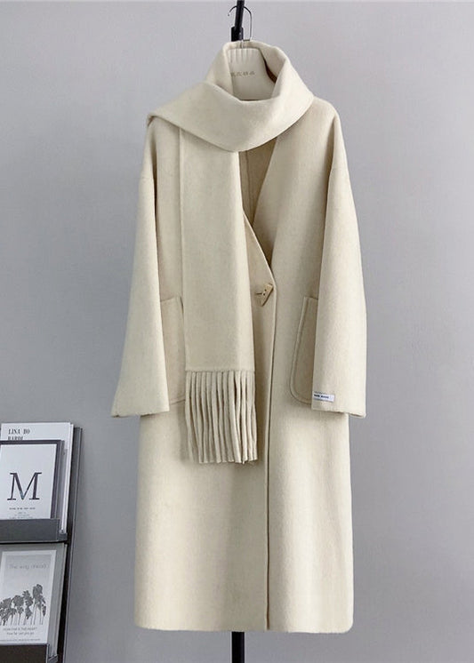 White V Neck Pockets Scarf Woolen Coat Winter