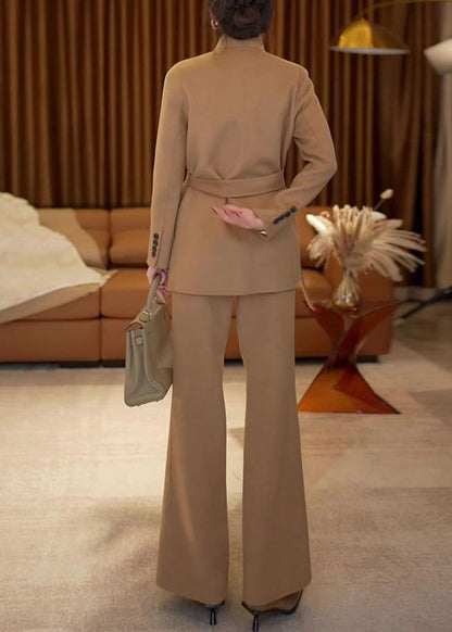 French Khaki V Neck Tie Waist Woolen Two-piece Set Winter