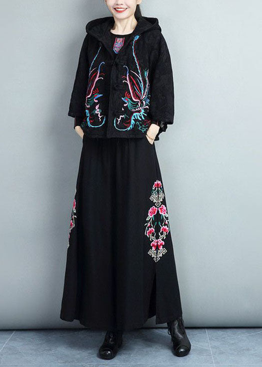 Black Embroideried Warm Fleece Coats and Pants Skirts Two Pieces Set Batwing Sleeve