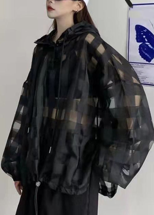 Black Plaid Button Lace Up Thin Top Long Sleeve