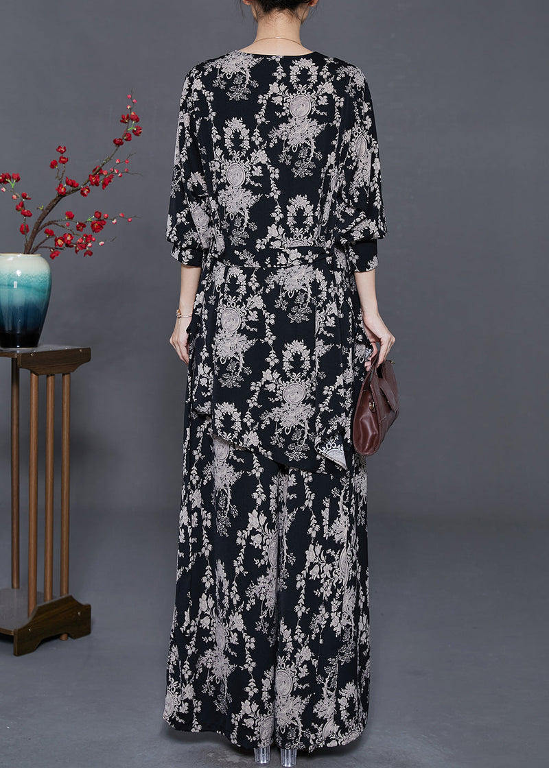 Black Print Silk Two Piece Set Clothing Oversized Spring