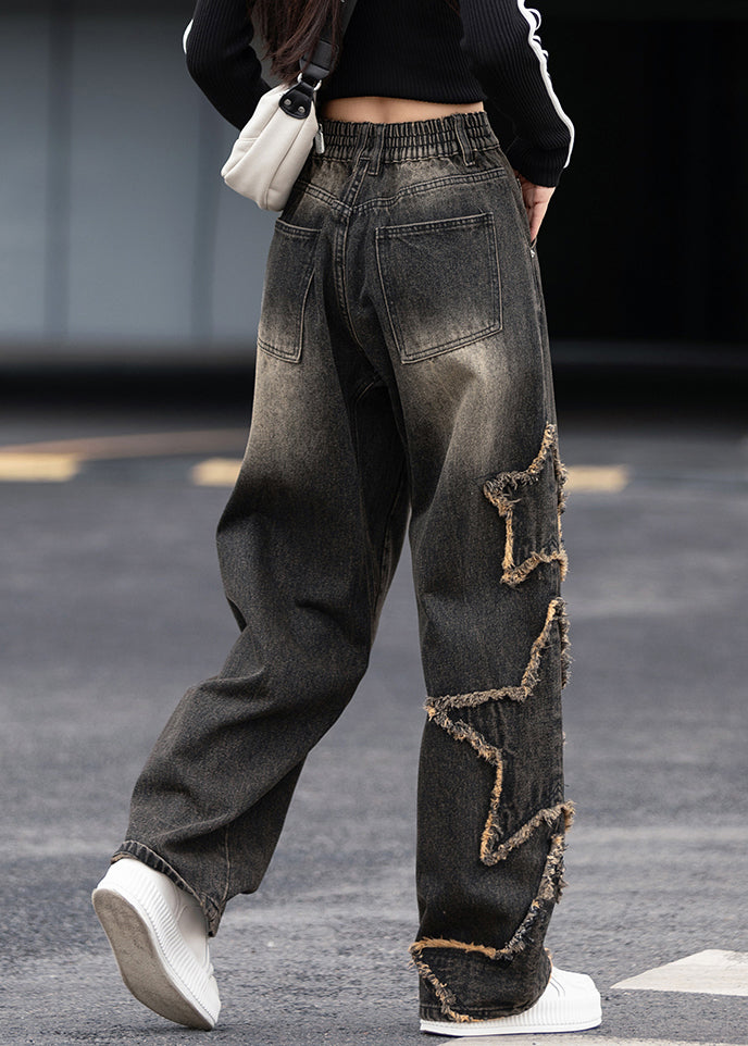 Black Grey Pockets Patchwork Denim Pants Fall