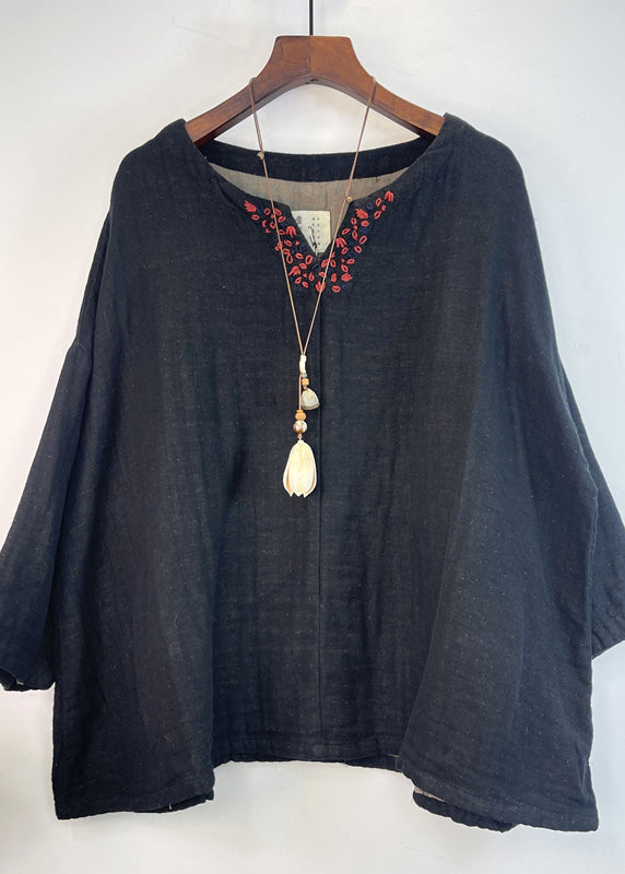 Loose Navy V Neck Patchwork Cotton Top Summer