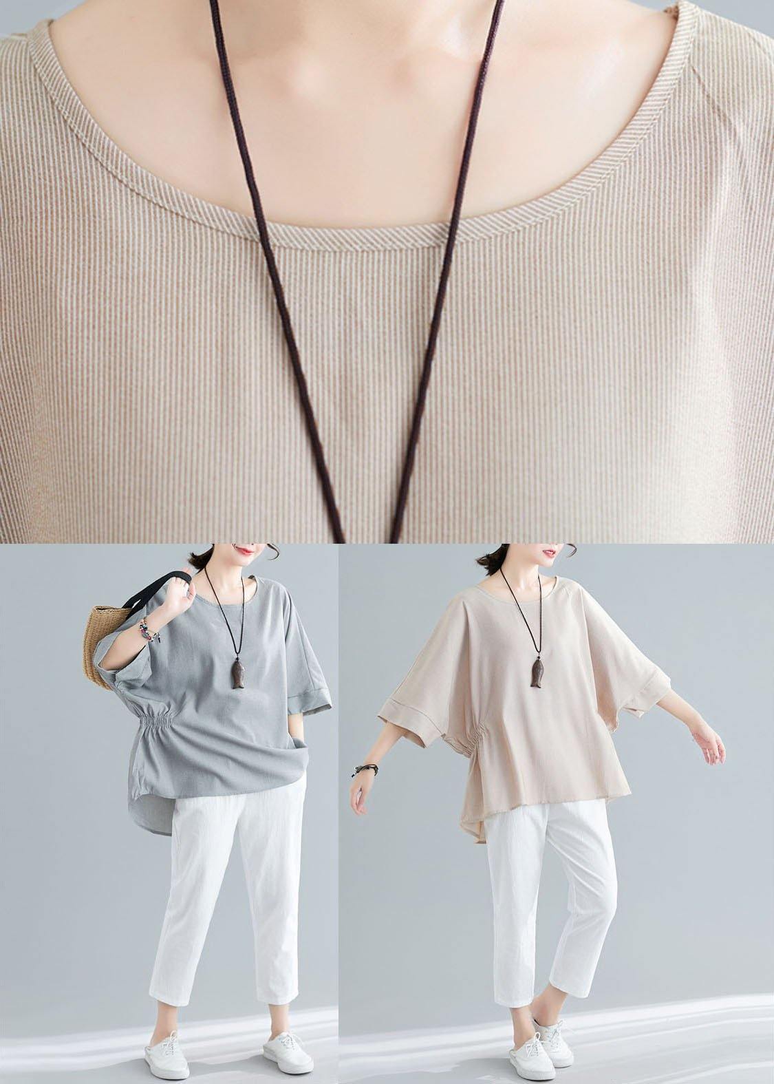 Grey Cinched Cotton Blouse Tops Summer