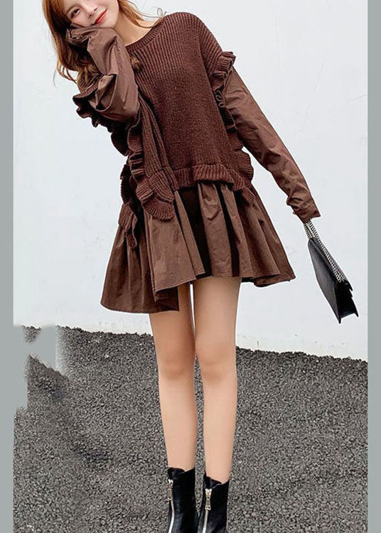 Coffee Knit Patchwork Ruffled Fall Sweaters